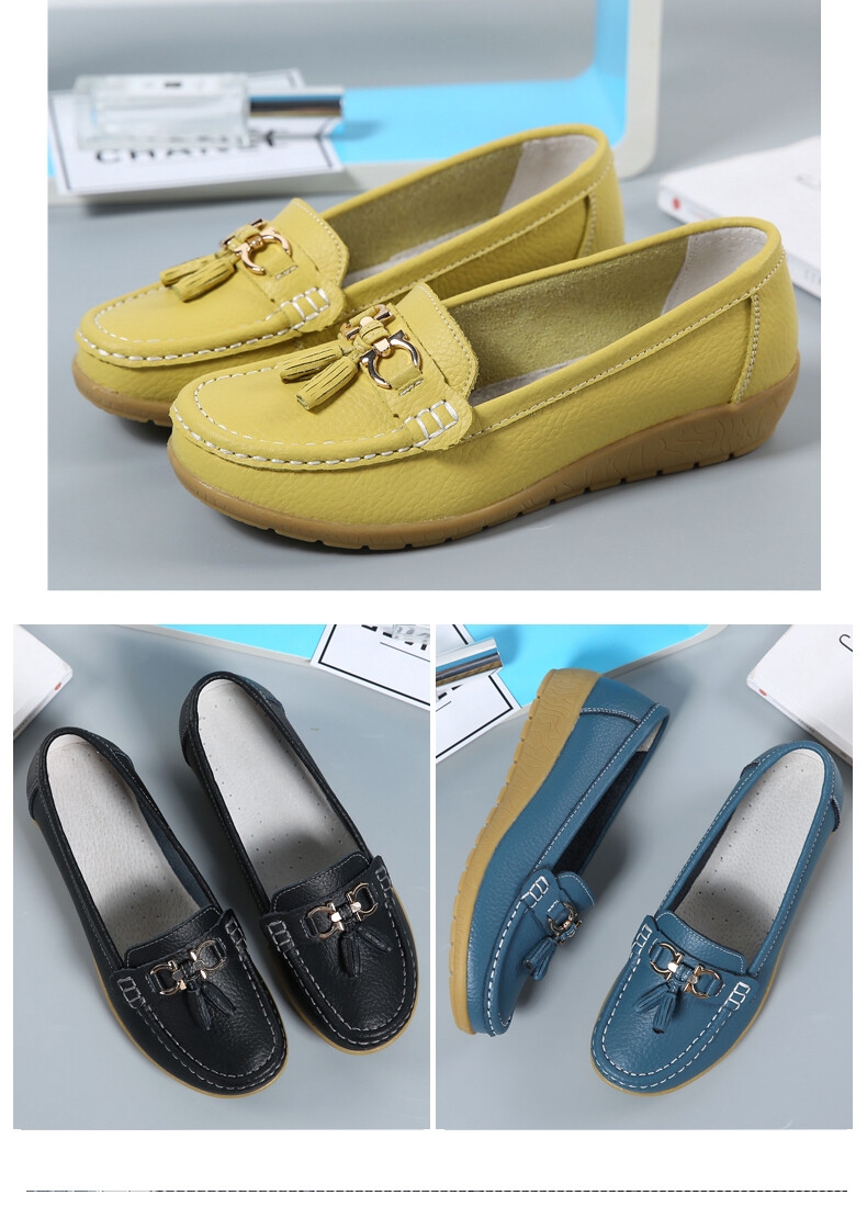Wholesale 10 color slip on women loafers low wedge cow leather loafers women flats causal ladies shoes
