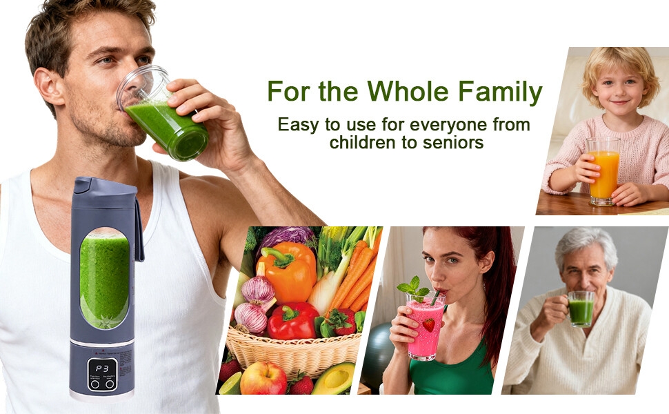 Portable electric juicer, grey, digital display, 255mm high, personal smoothies and juice shaker