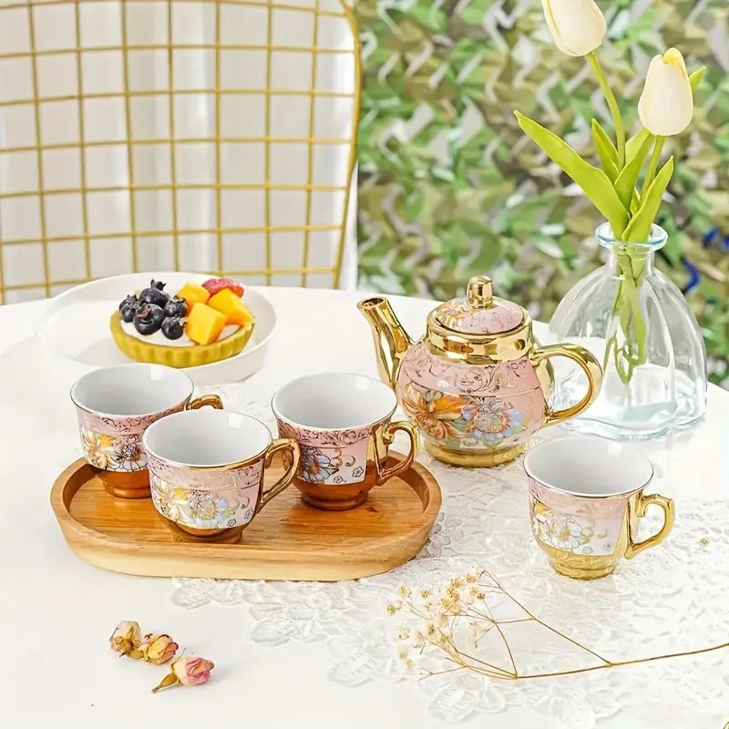 5pcs ceramic tea set including 1 teapot and 4 teacups european style gilded ceramic tea set coffee set tea party restaurant coffee shop tea party set gift package Product details 6