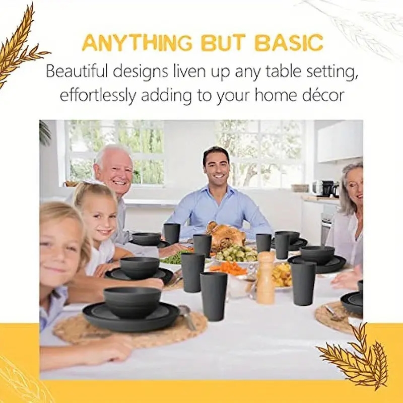 16pcs set durable wheat straw dinnerware set microwave dishwasher safe reusable plates bowls and cups black set of 4 perfect for everyday use details 5