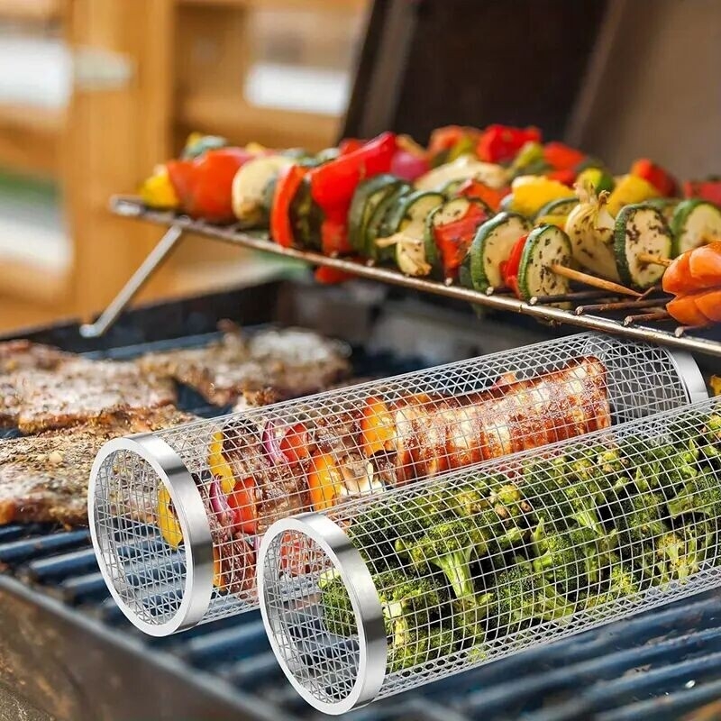 1/2/4 pzas, Tubo de red para asado, canasto de asado redondo y más grande, cesta de parrilla en forma de cilindro con malla de alambre de acero inoxidable, bolsa antiadherente de camping portátil para verduras, pescado de exteriores, picnic, camping al aire libre, utensilios de cocina, accesorios para herramientas de barbacoa detalles 1