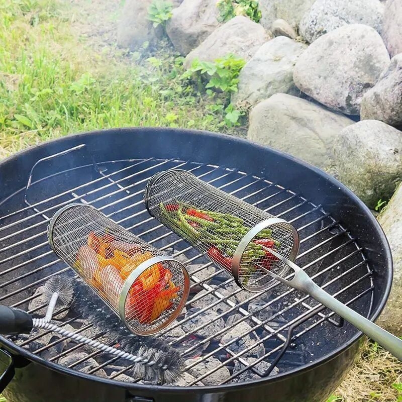 1/2/4 pzas, Tubo de red para asado, canasto de asado redondo y más grande, cesta de parrilla en forma de cilindro con malla de alambre de acero inoxidable, bolsa antiadherente de camping portátil para verduras, pescado de exteriores, picnic, camping al aire libre, utensilios de cocina, accesorios para herramientas de barbacoa detalles 6