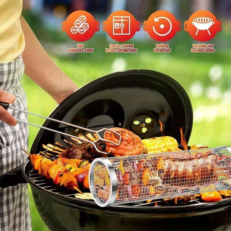 1/2/4 pzas, Tubo de red para asado, canasto de asado redondo y más grande, cesta de parrilla en forma de cilindro con malla de alambre de acero inoxidable, bolsa antiadherente de camping portátil para verduras, pescado de exteriores, picnic, camping al aire libre, utensilios de cocina, accesorios para herramientas de barbacoa detalles 5