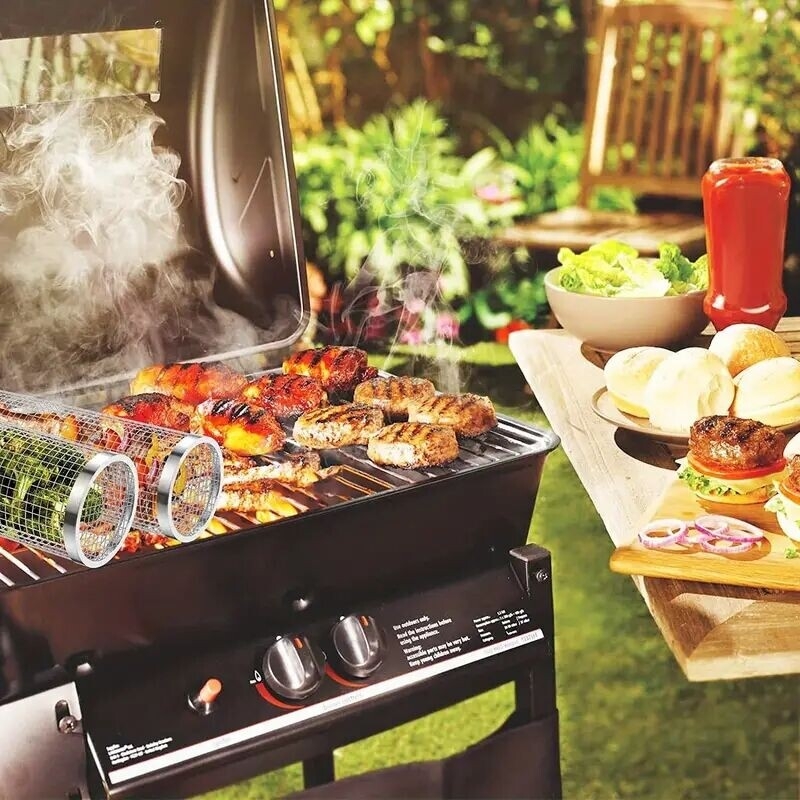 1/2/4 pzas, Tubo de red para asado, canasto de asado redondo y más grande, cesta de parrilla en forma de cilindro con malla de alambre de acero inoxidable, bolsa antiadherente de camping portátil para verduras, pescado de exteriores, picnic, camping al aire libre, utensilios de cocina, accesorios para herramientas de barbacoa detalles 4