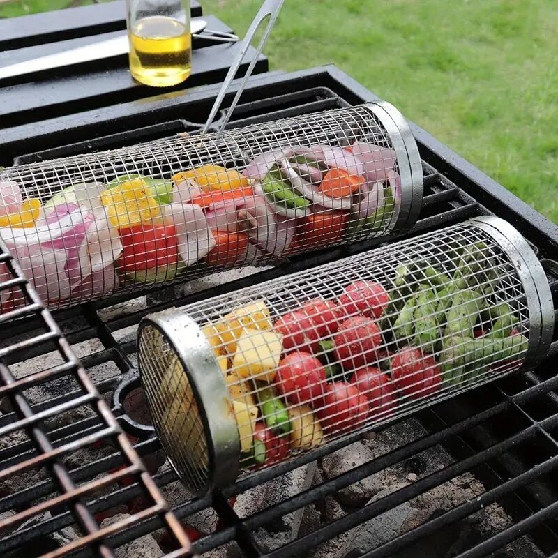 1/2/4 pzas, Tubo de red para asado, canasto de asado redondo y más grande, cesta de parrilla en forma de cilindro con malla de alambre de acero inoxidable, bolsa antiadherente de camping portátil para verduras, pescado de exteriores, picnic, camping al aire libre, utensilios de cocina, accesorios para herramientas de barbacoa detalles 2