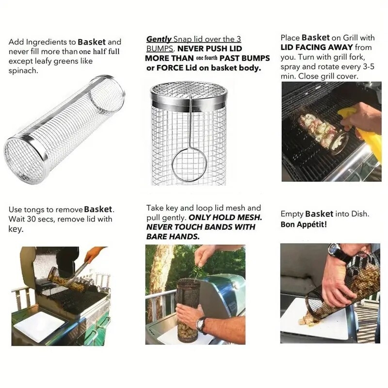 1/2/4 pzas, Tubo de red para asado, canasto de asado redondo y más grande, cesta de parrilla en forma de cilindro con malla de alambre de acero inoxidable, bolsa antiadherente de camping portátil para verduras, pescado de exteriores, picnic, camping al aire libre, utensilios de cocina, accesorios para herramientas de barbacoa detalles 3