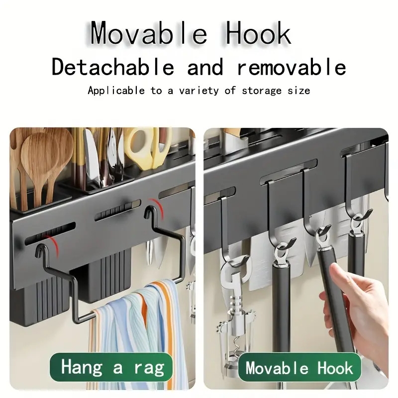 a wall mounted storage rack for knives spatulas ladles chopsticks and spoons with a towel rack suitable for kitchen use details 2