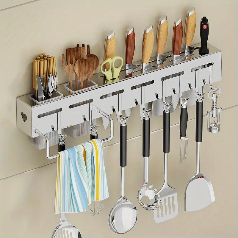 stainless steel wall mounted knife holder with integrated spoon and spatula rack space saving design for modern kitchen chopstick storage no drilling required modern kitchen accessory sleek kitchenware durable kitchen utensil holder knife storage rack details 0