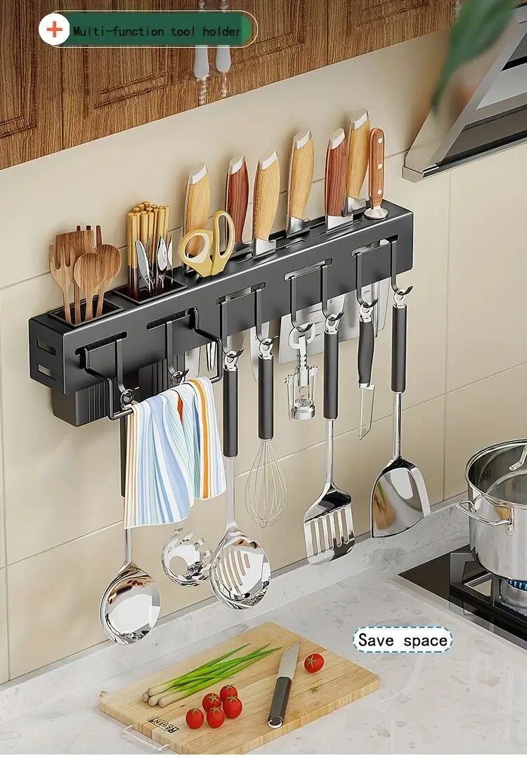 a wall mounted storage rack for knives spatulas ladles chopsticks and spoons with a towel rack suitable for kitchen use details 0