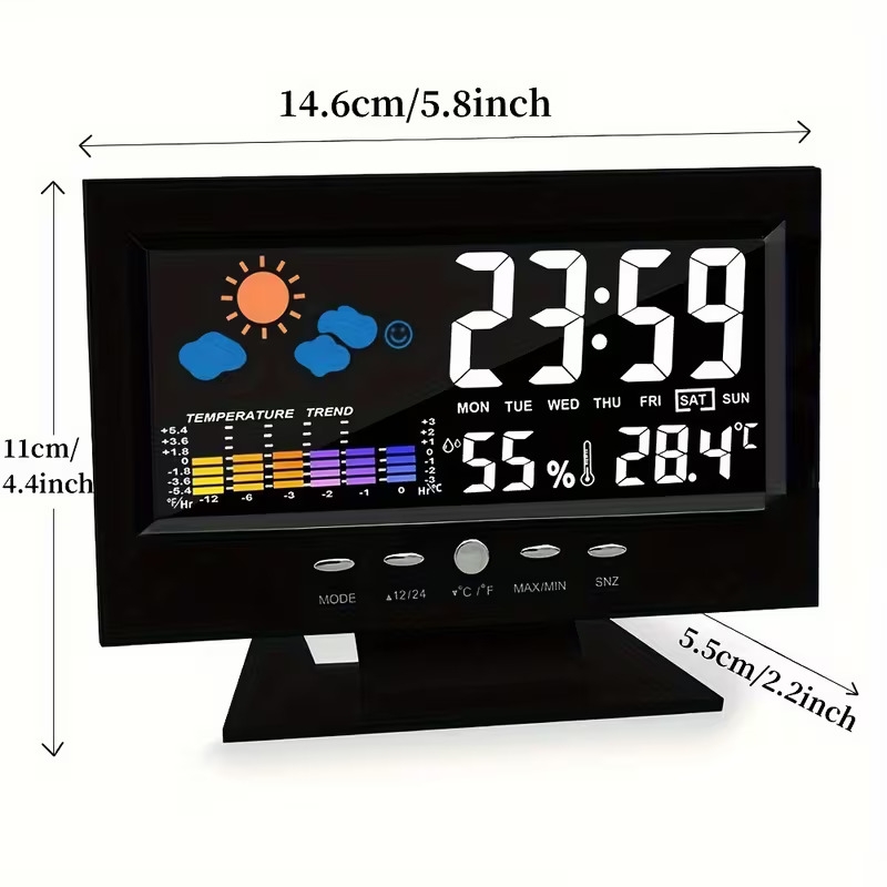1pc voice weather clock with backlight temperature humidity weather forecast 12 24h electronic clock with usb cable battery not included Product details 0