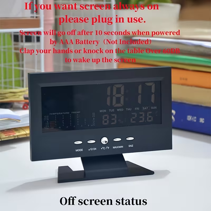 1pc voice weather clock with backlight temperature humidity weather forecast 12 24h electronic clock with usb cable battery not included Product details 1
