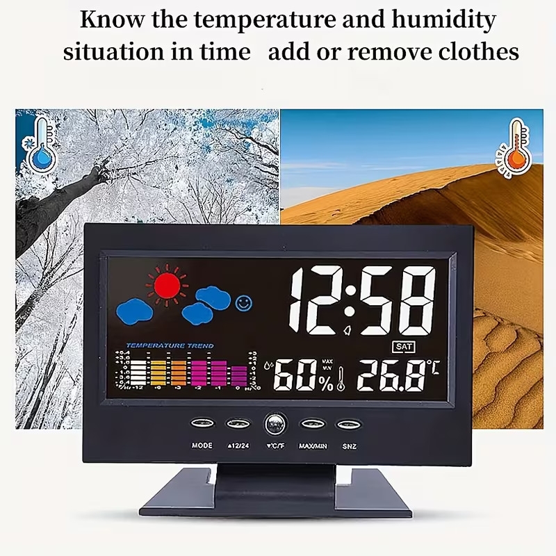 1pc voice weather clock with backlight temperature humidity weather forecast 12 24h electronic clock with usb cable battery not included Product details 4