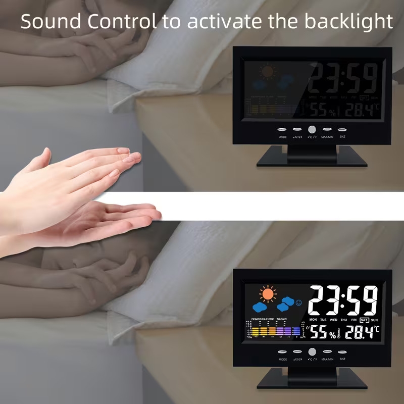 1pc voice weather clock with backlight temperature humidity weather forecast 12 24h electronic clock with usb cable battery not included Product details 3