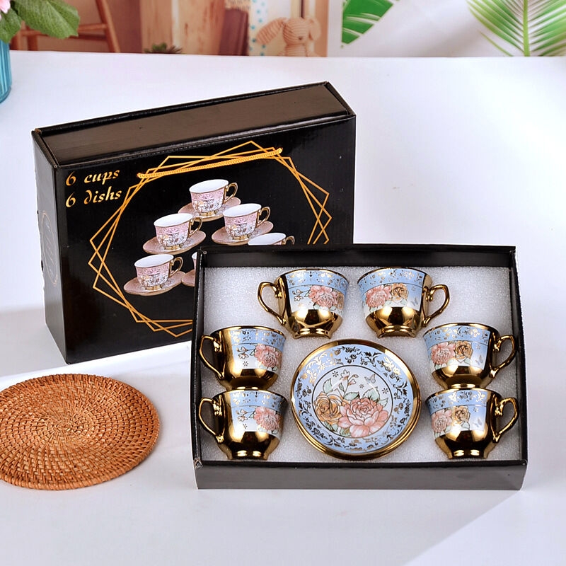 QIAN HU luxe 6-Pack ensemble moderne chinois maison café tasses à vin Logo personnalisable or jante Vintage Style turc tasses à thé soucoupes