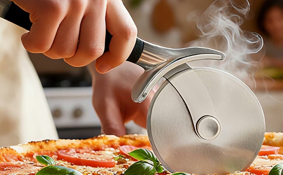 YRXEFY professional pizza cutter wheel slicing a pepperoni pizza on a wooden board