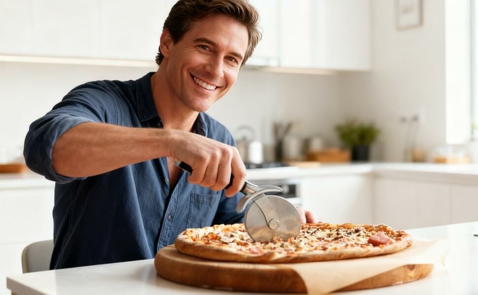 Collage showing the YRXEFY pizza cutter being used on a pizza, a pan of brownies, and a flatbread