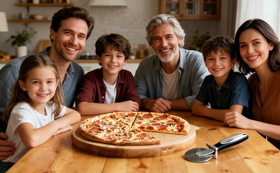 Side-by-side comparison showing a messy pizza slice from a poor cutter vs a clean slice