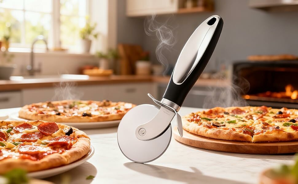Close-up macro shot of the YRXEFY pizza cutter's sharp stainless steel wheel blade