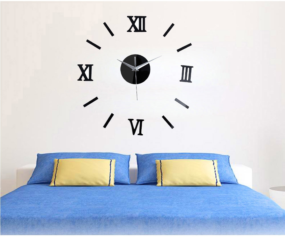 Black 3D Roman digital mirror effect sticker DIY wall clock home decoration fashion modern quartz clock bedroom study wall clock