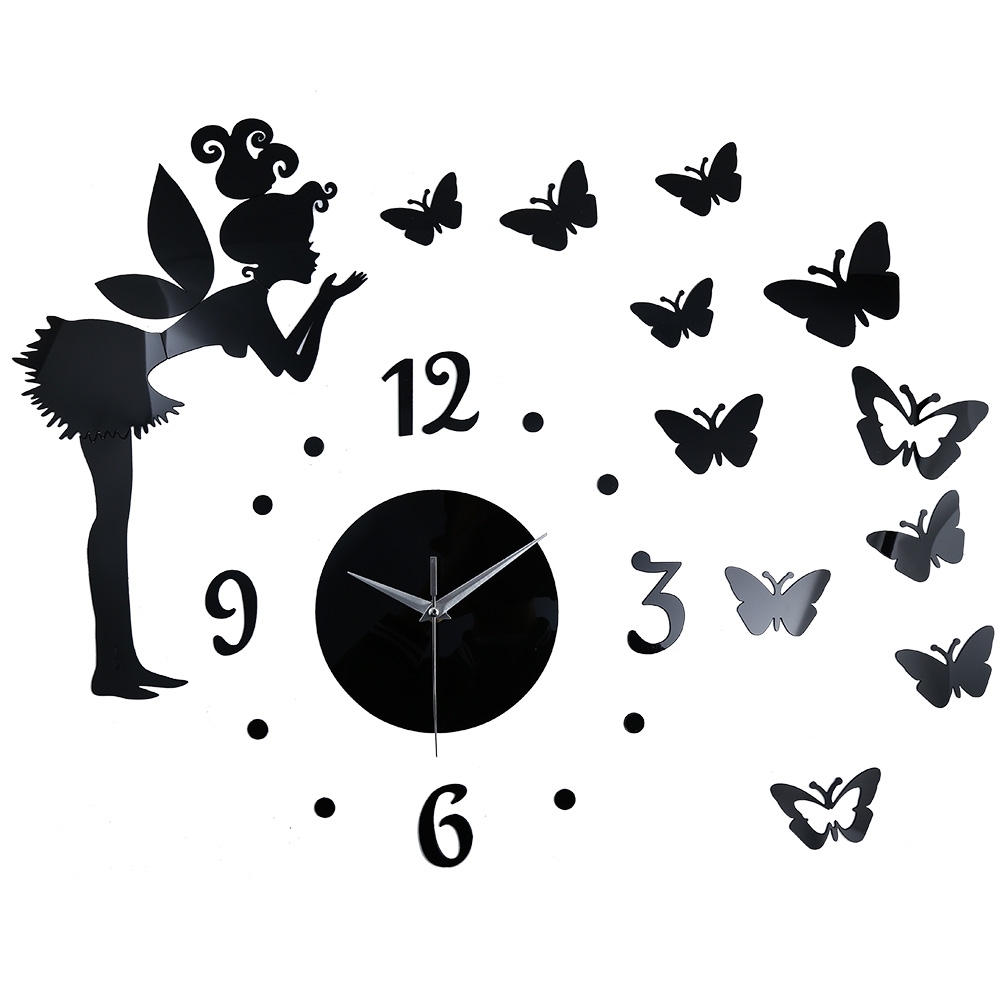 Black Butterfly Elf Mirror Sticker DIY silent living room  Wall Clock Home Decoration electronic wall clock