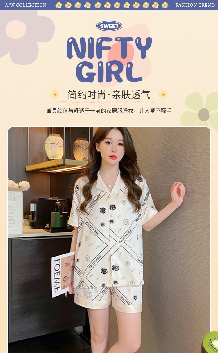 Camellia Ice Silk Pajamas Women Summer Short Sleeve High Grade