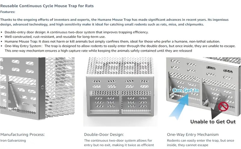 humane mouse trap with dual entry automatic reusable catch release design for indoor outdoor use iron construction rat trap continuous cycle suitable details 1