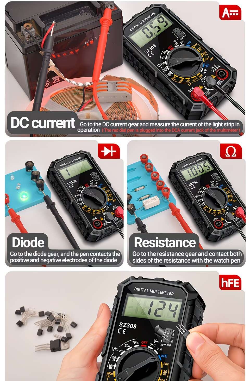 the sz308 is a new high-precision digital multimeter designed for electrical maintenance, of testing ac and voltage, current, and . a multifunctional tool that does not come with a battery Product details 11
