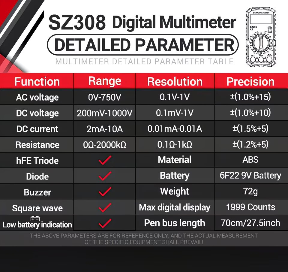 the sz308 is a new high-precision digital multimeter designed for electrical maintenance, of testing ac and voltage, current, and . a multifunctional tool that does not come with a battery Product details 14