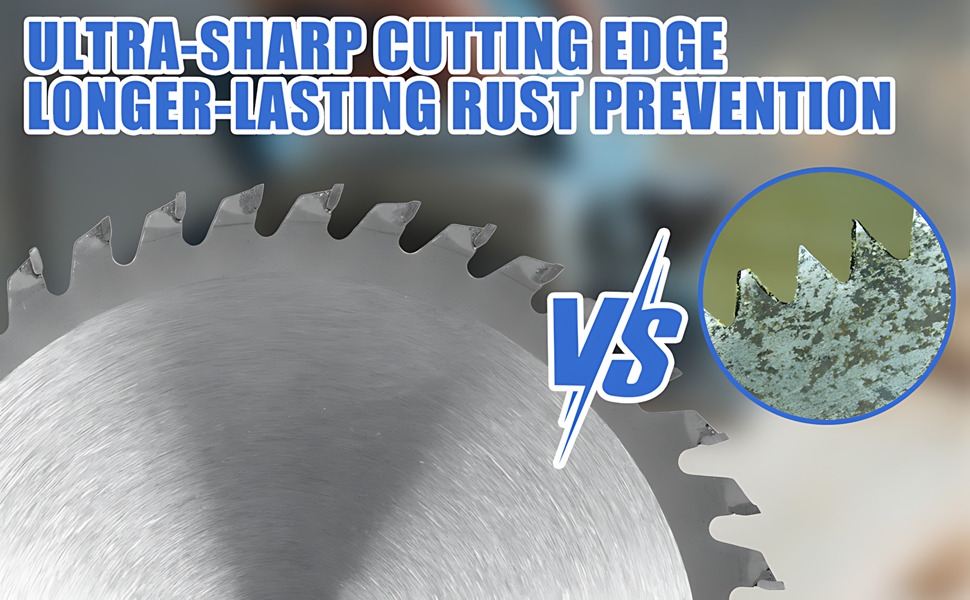 Text reads 'ULTRA SHARP CUTTING EDGE LONG LASTING RUST PREVENTION'. Close-up images of metallic gear or blade edges showing surface detail.