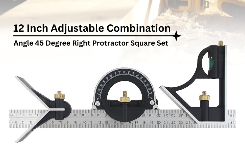 12-inch adjustable combination square set with protractor, ruler, and level for precise measuring.
