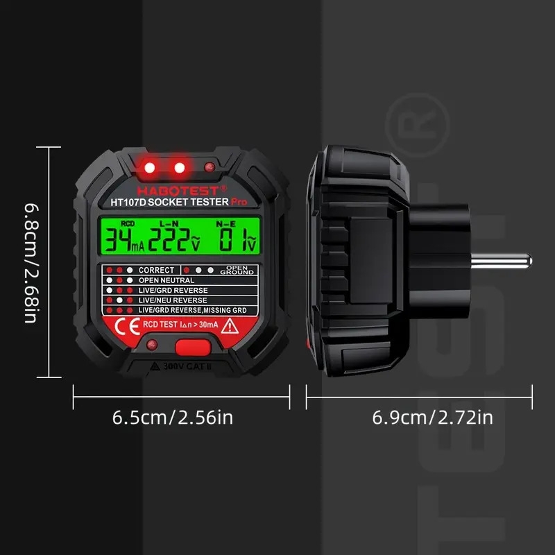   ht107b 重型数字插座测试仪，带多功能电气安全分析仪 - 全球电压110-240v，认证，一键测试接地问题，过载/短路检测，无需组装，兼容欧盟/美国插头类型（b/n/m/r/l型），实时显示和存储记忆，适用于家庭/办公室/工业用途 商品详情 2