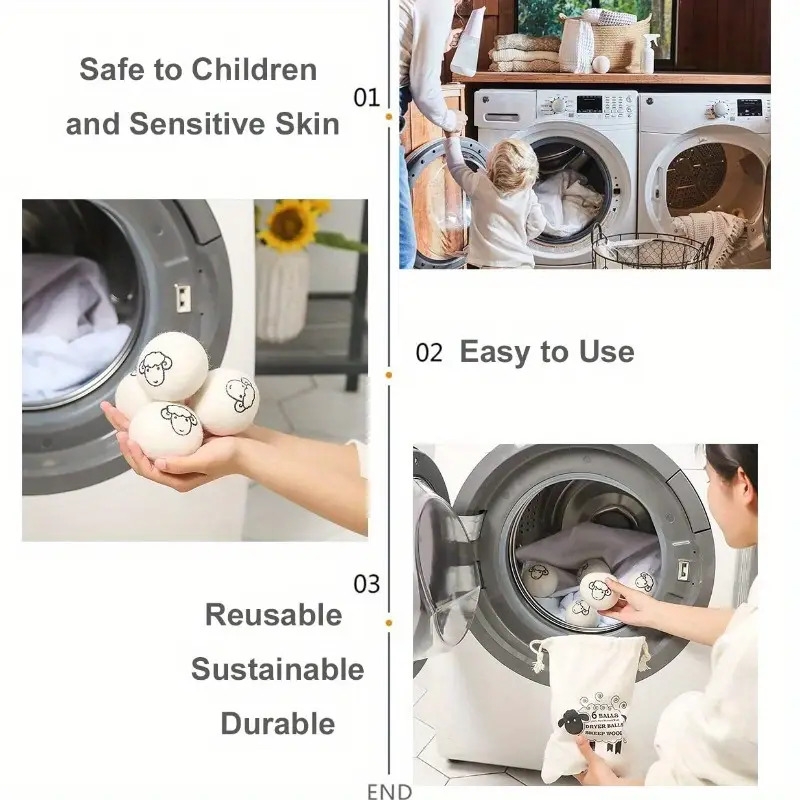 6 件装洗衣机球,100% 新西兰纯,柔软织物,减少皱纹,快速干燥,适用于精油,可重复使用的洗衣机球,用于衣服的洗衣机球 详情 0