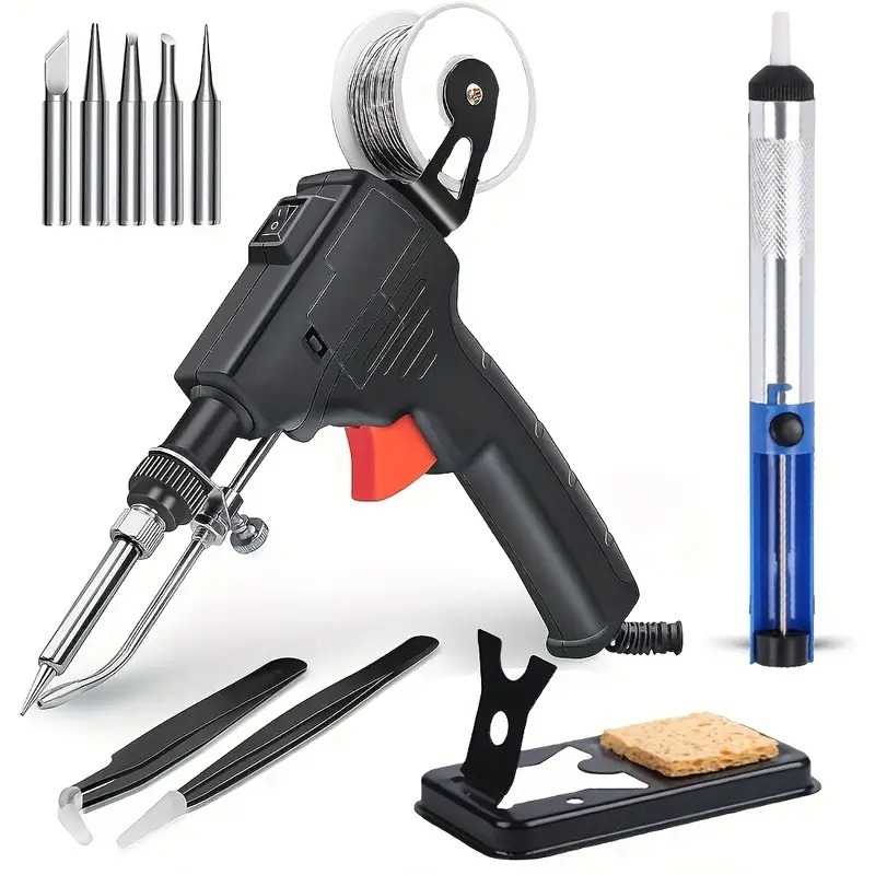 10pcs set soldering iron kit automatic hand held soldering gun welding tool with 5pcs soldering tips desoldering pump tweezers soldering wires mini bracket for     electronics repair details 1