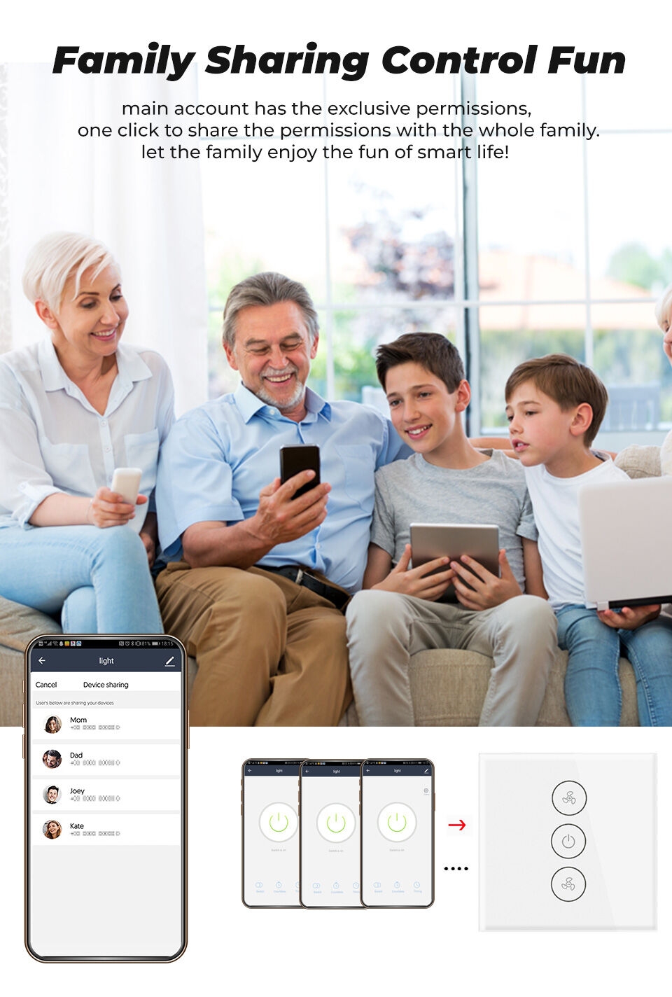 Tuya Smart Wireless Remote Control Fan Switch EU/UKSmart Wifi Fan Switch Compatible with Alexa/Google Home/IFTTT