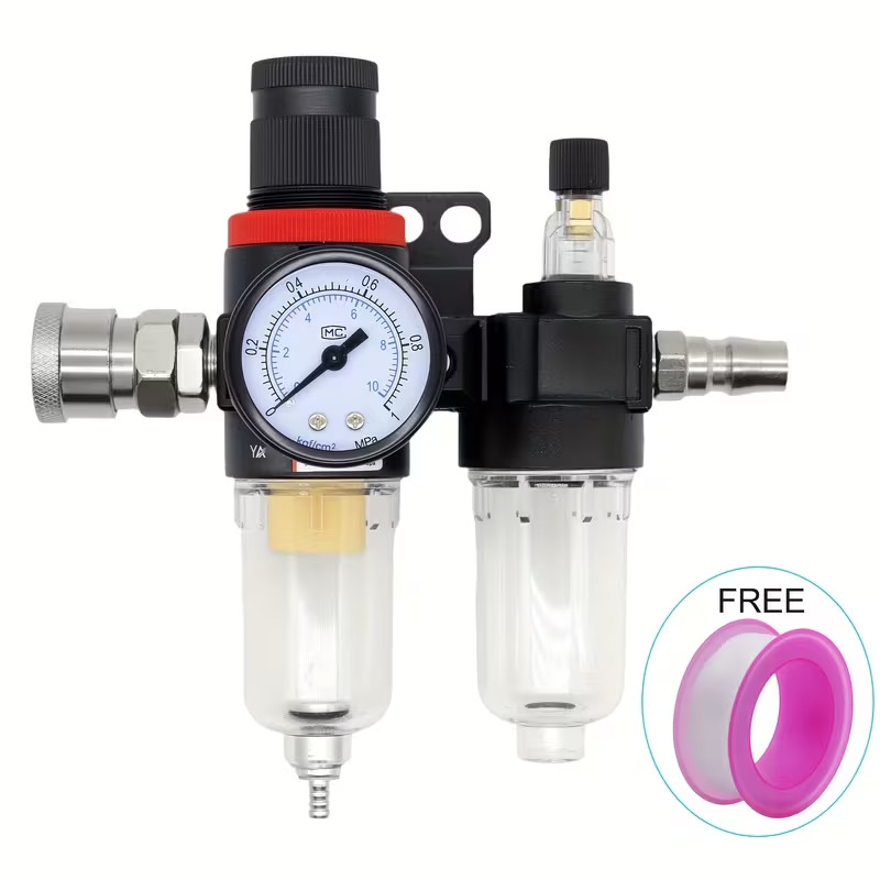 afc-2000空气压缩机过滤调节器套件,1/4英寸油水分离器,带压力表,润滑器杯,带pm20+ 20快速接头,铝合金和塑料结构,防漏设计,用于压缩空气过滤和调节 商品详情 0