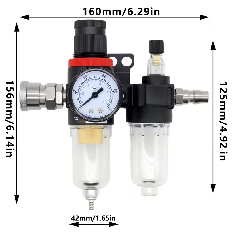 afc-2000空气压缩机过滤调节器套件,1/4英寸油水分离器,带压力表,润滑器杯,带pm20+ 20快速接头,铝合金和塑料结构,防漏设计,用于压缩空气过滤和调节 商品详情 1