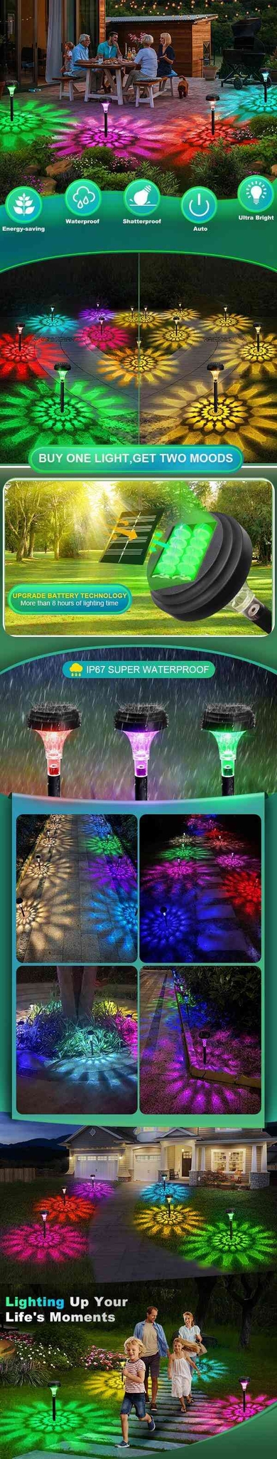 Nupostai Multicolor Solar Pathway Lights, Color Changing & Warm White, IP67 Waterproof, Auto Work, Sunflower Pattern, Outdoor Garden Lights for Walkway, Yard, Backyard, Patio, Landscape Decor, Halloween, Christmas