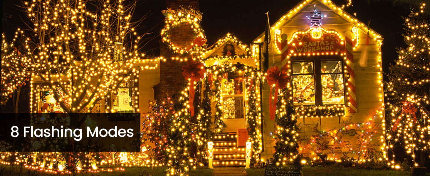 House exterior decorated with numerous warm yellow string lights, creating a festive atmosphere. Text mentions '8 Flashing Modes'.