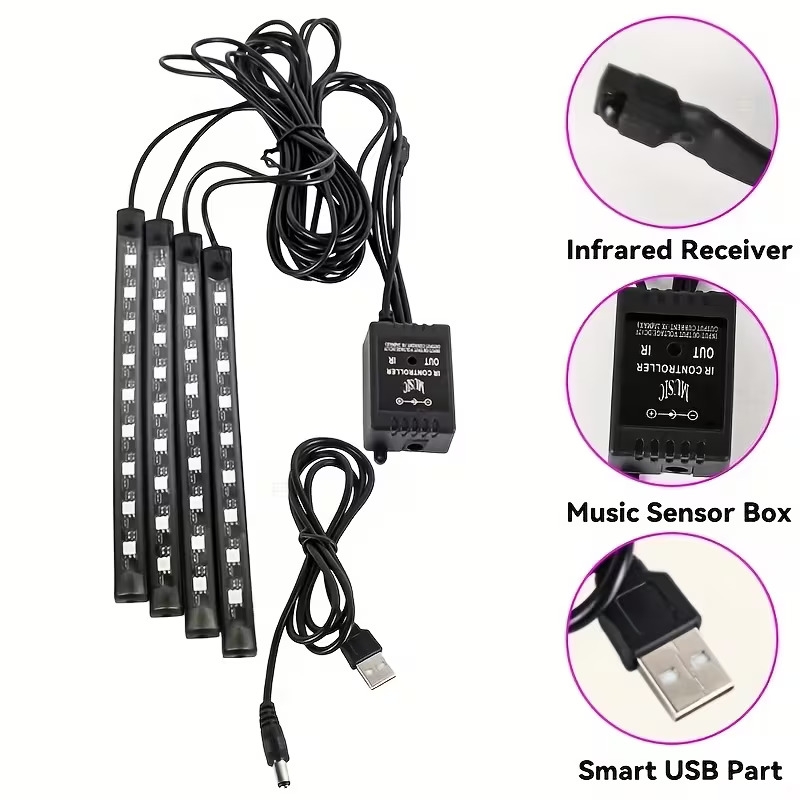 简易安装，汽车高亮度霓虹灯套件，汽车 led 灯条，车内灯、圣诞装饰、usb 霓虹灯配件，氛围灯带、脚部空间霓虹灯套件 商品详情 1