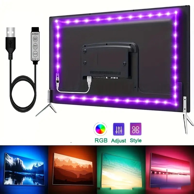 1件套196inch适用电视led背光22-65英寸,智能电视led灯有8种颜色可调光,动态模式,敏感和可调。电视灯条适用于游戏室,电视背景装饰,环境照明 0