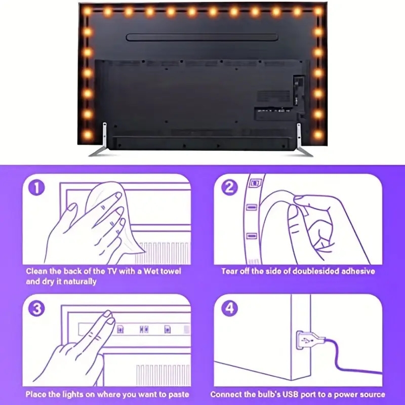 1件套196inch适用电视led背光22-65英寸,智能电视led灯有8种颜色可调光,动态模式,敏感和可调。电视灯条适用于游戏室,电视背景装饰,环境照明 8