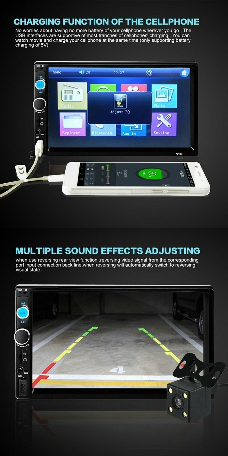 7 Inch Car Stereo Radio MP5 MP3 Player FM USB AUX Full HD Bluetooth Touch Screen Rear View Camera