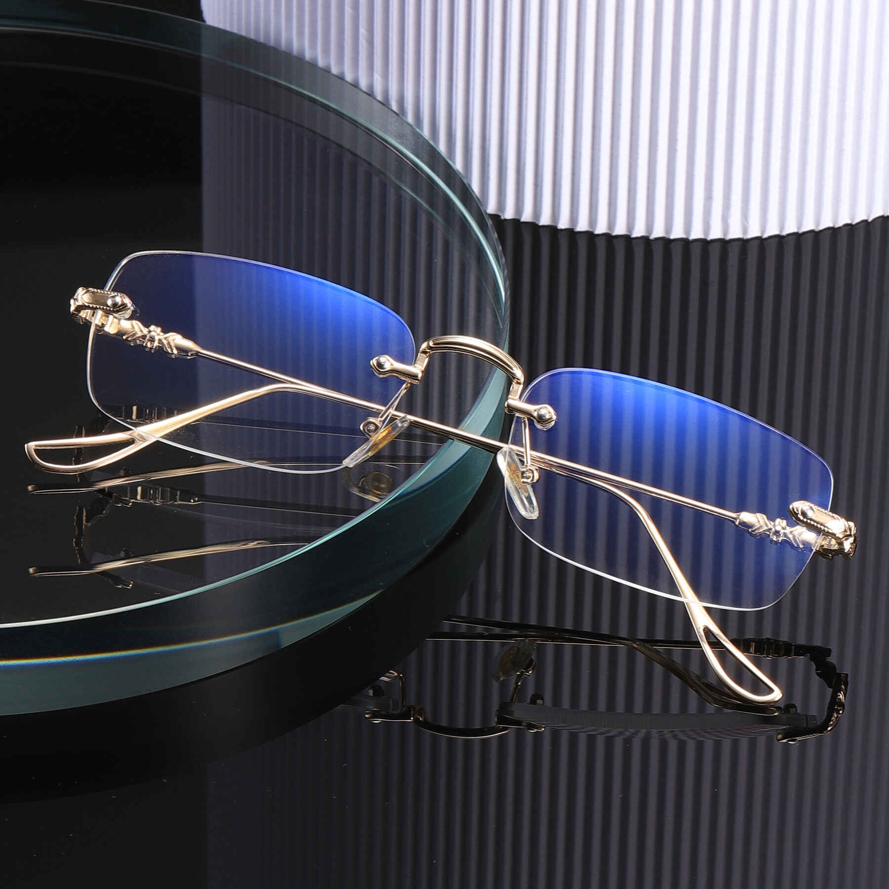 High Quality Fashion square Rhinestone Cut Rimless Presbyopia Metal Anti Blue Light Reading Glasses for Women Men