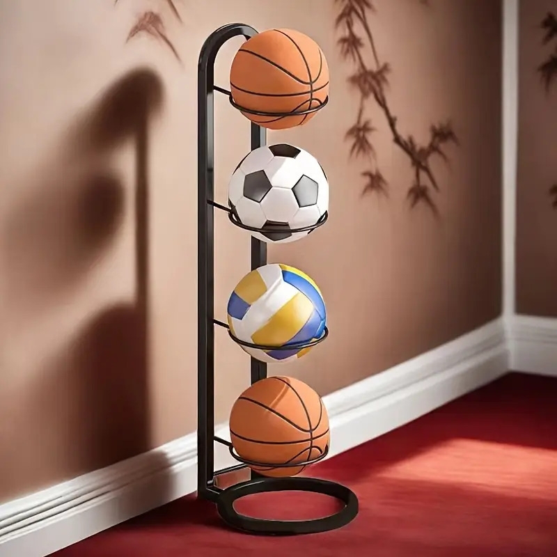 4 tier black   ball organizer versatile storage rack for basketball soccer volleyball more   home gym sports room accessory basketball accessories 0