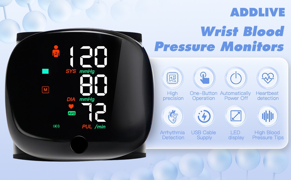Wrist blood pressure monitor with color LCD display showing systolic, diastolic, and pulse readings. Device features one-button operation, automatic shut-off, and heart rate detection.