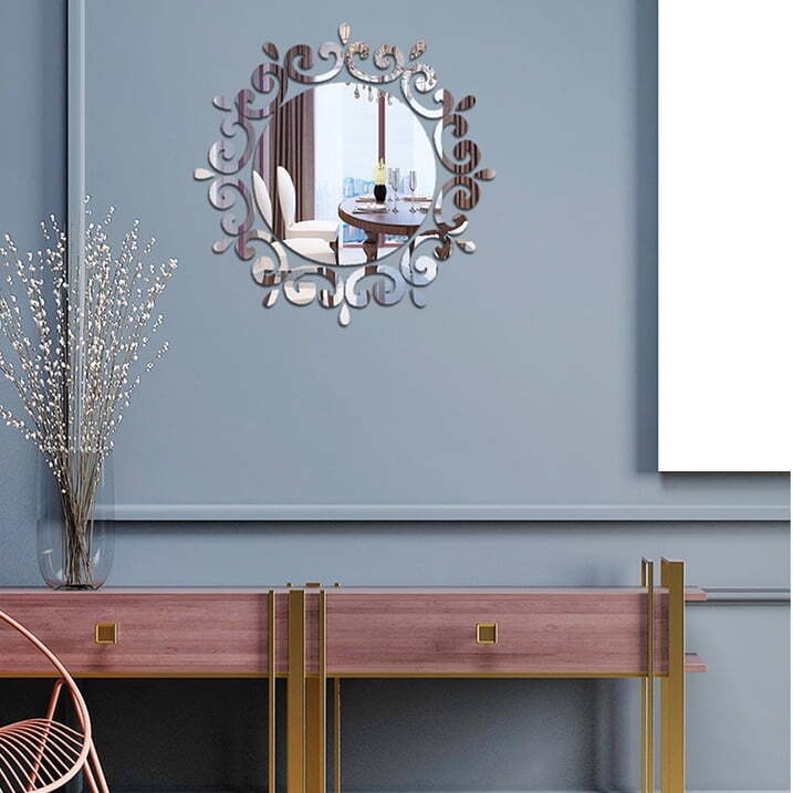 Irene Inevent 50 Pieces Mirror Wall Sticker DIY Creative Design Flower Disc Shape Ornaments Walls Decal Kitchen Home Office Hallway Bathroom