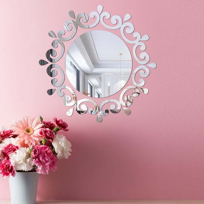 Irene Inevent 50 Pieces Mirror Wall Sticker DIY Creative Design Flower Disc Shape Ornaments Walls Decal Kitchen Home Office Hallway Bathroom