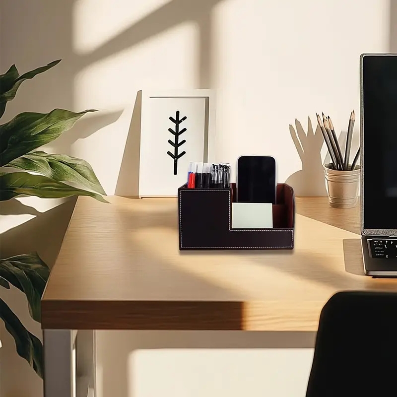 premium   leather desk organizer multi function office caddy for pens phones business cards remote controls sleek brown storage solution baskets bins containers for   details 4