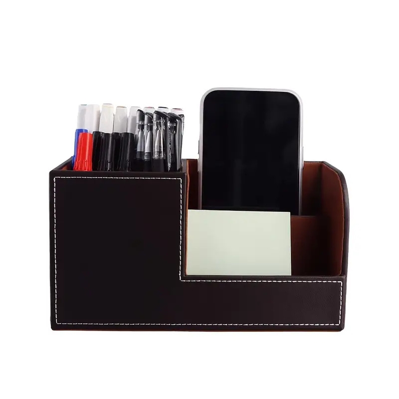 premium   leather desk organizer multi function office caddy for pens phones business cards remote controls sleek brown storage solution baskets bins containers for   details 6