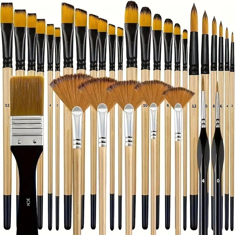 32pcs artist paint brush set with nylon bristles round     angled fine detail brushes for acrylic oil watercolor painting ideal for artists beginners 1